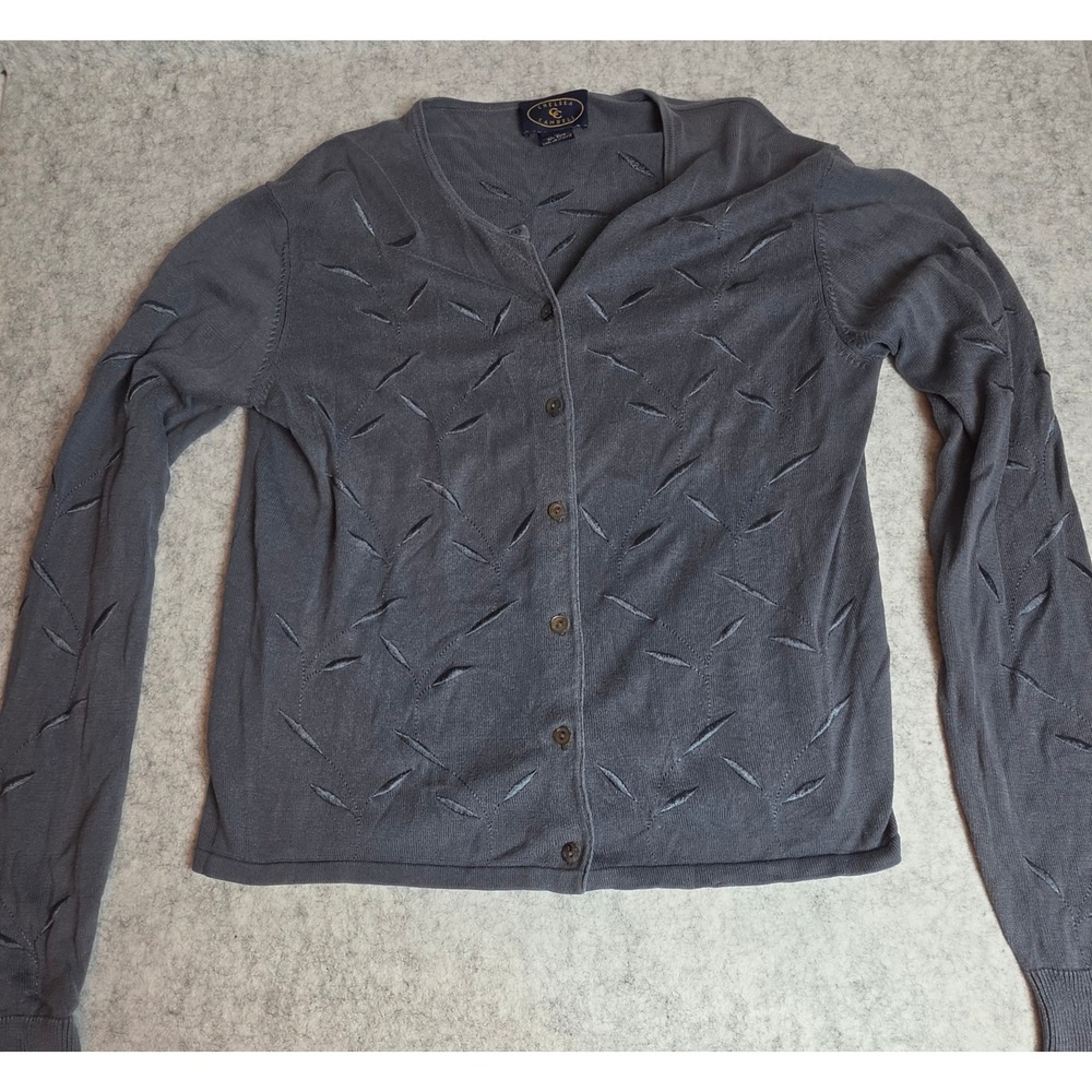 Chelsea Cambell Vintage Silk Cotton Cardigan Slate Blue Textured Slit Knit M